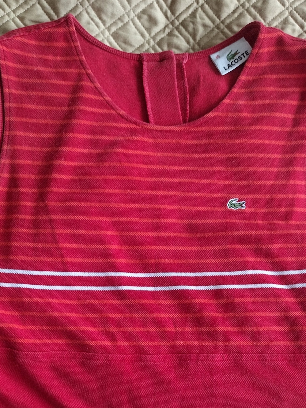Lacoste Vintage Red Striped Cotton Knit Sleeveless Dress Crocodile Logo